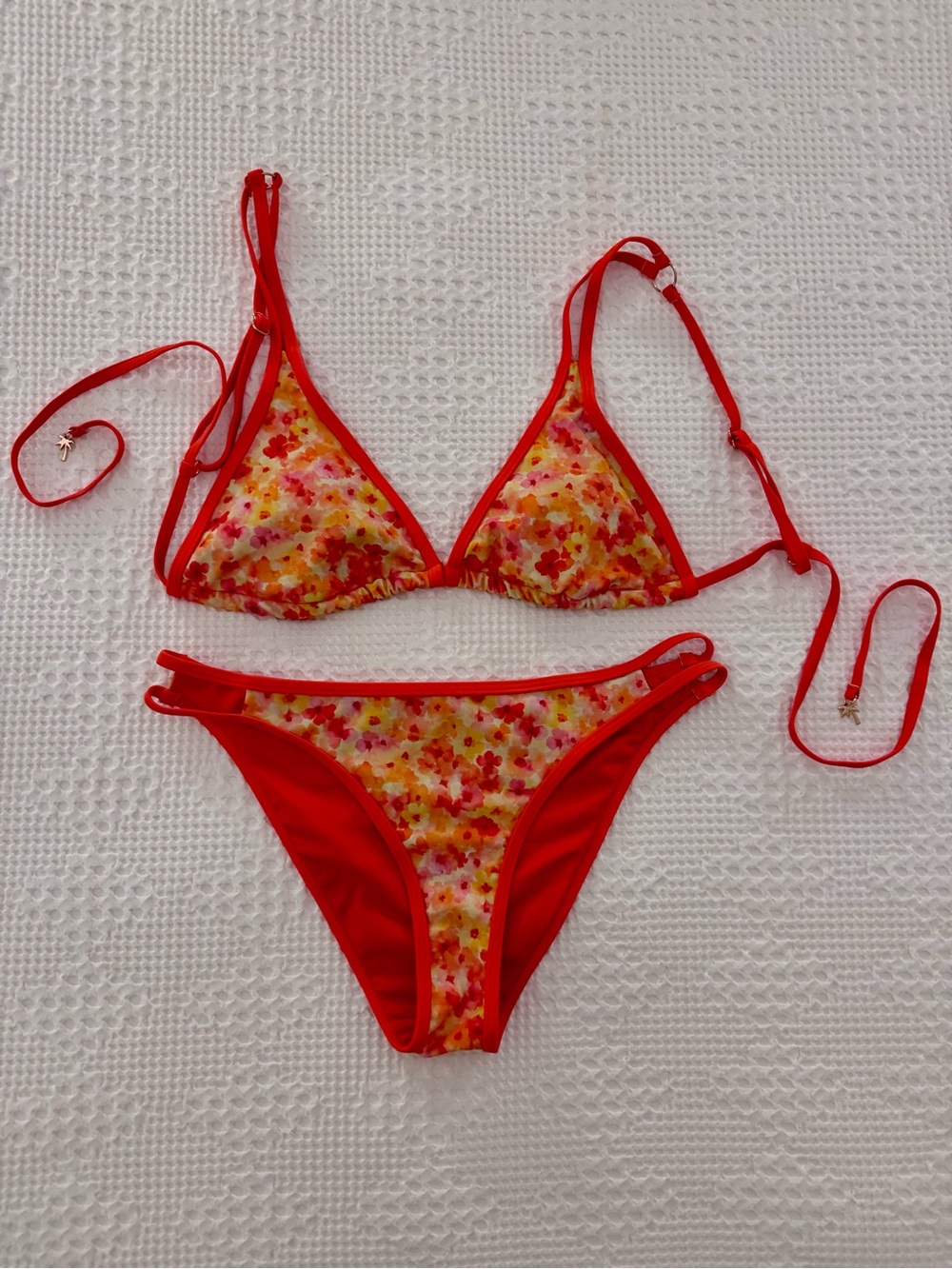 Orange red Floral Triangle Bikini Set with Adjustable Straps